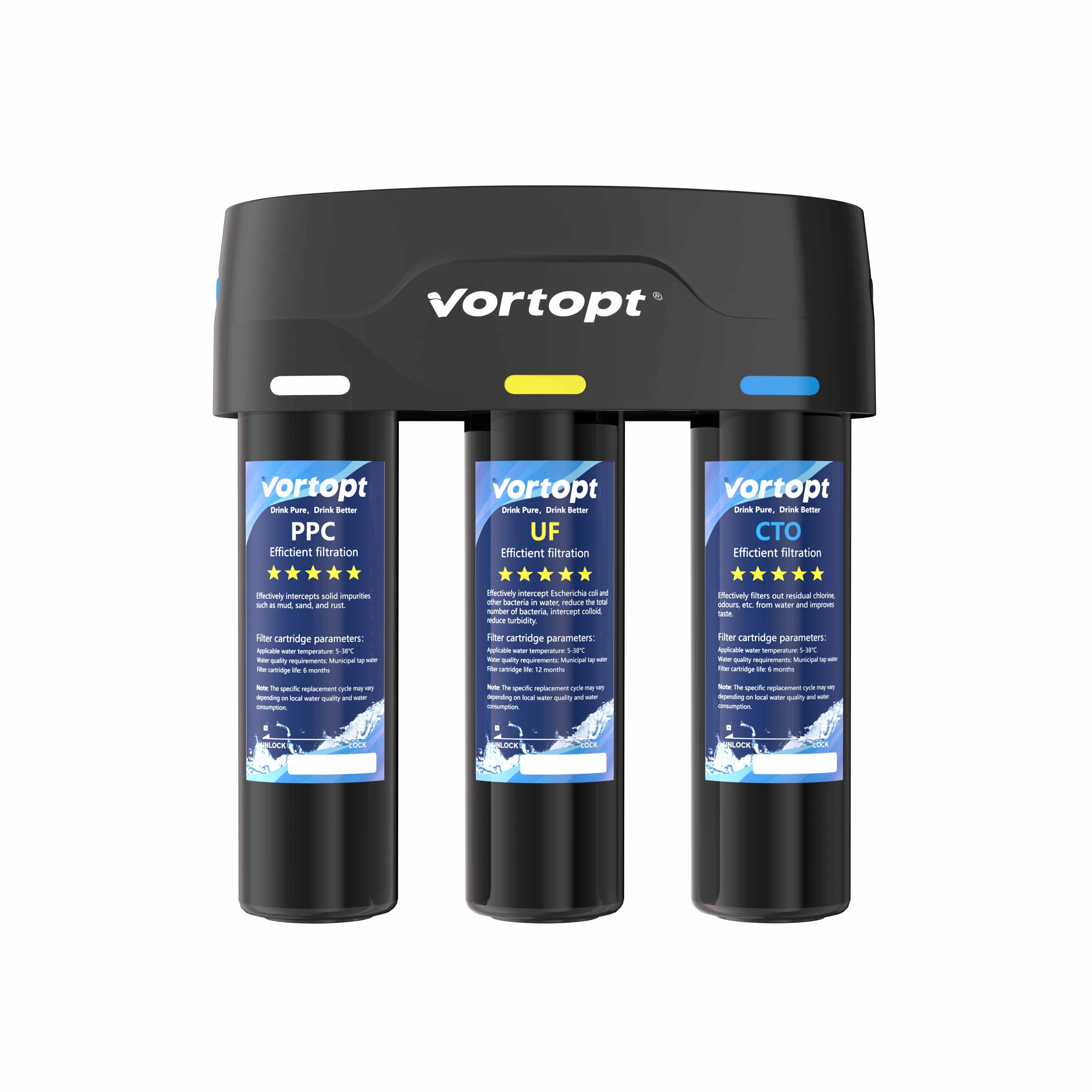 Vortopt Under Sink Water Filter,with PP,UF,and CTO Cartridges for Water Filtration and Drinking Water,F03,Black.