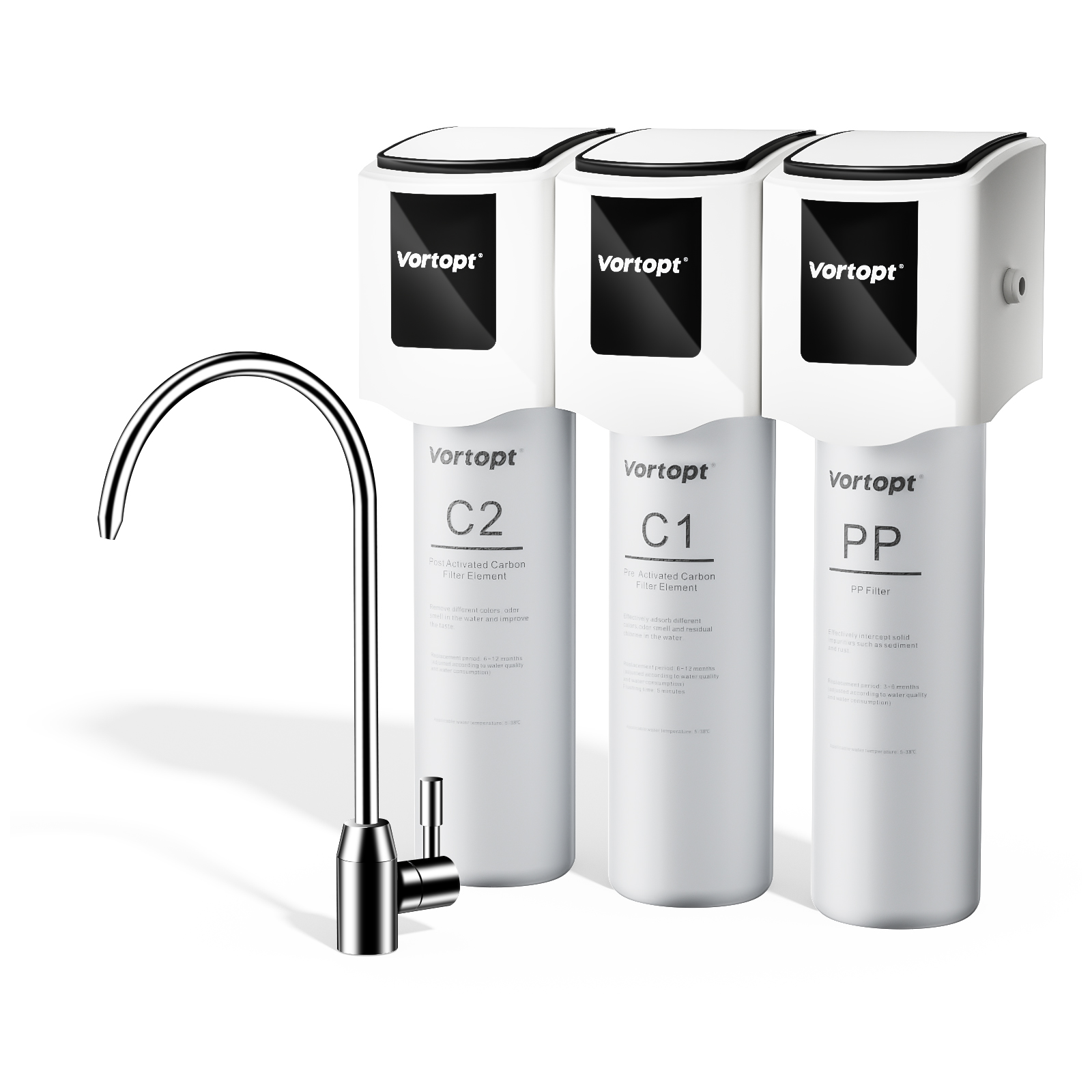 F01 Under Sink Water Filter System - 3-stage Filtration System with 304 Stainless Steel Faucet, Odor & Bad Taste,Vortopt 