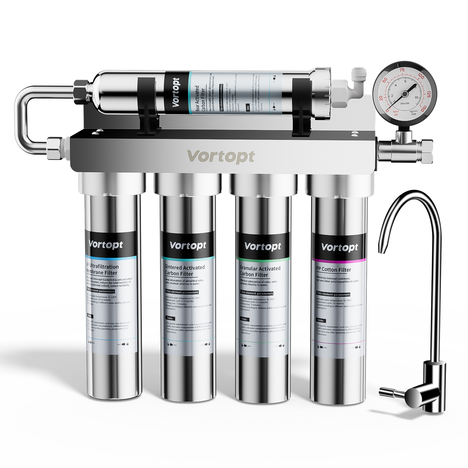  U1 Ultrafiltration 0.01 Micron Under Sink Water Filter - Stainless Steel 5-Stage High Chlorine Reduction Water Filtration System, Vortopt
