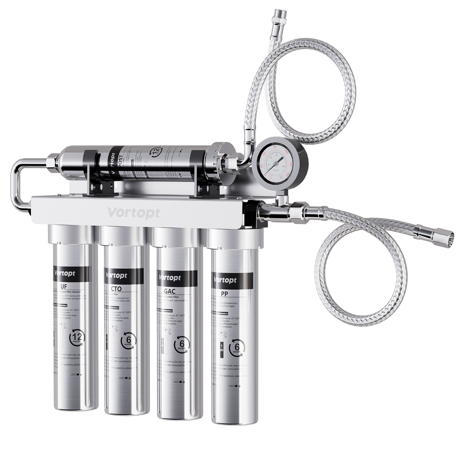 Vortopt Under Sink Water Filtration System,NSF Certified to Standards, Stainless Steel Water Filter,0.01μm Fine Filtration,Retains Beneficial Minerals,with Pressure Gauge,U2 (5 Filters)