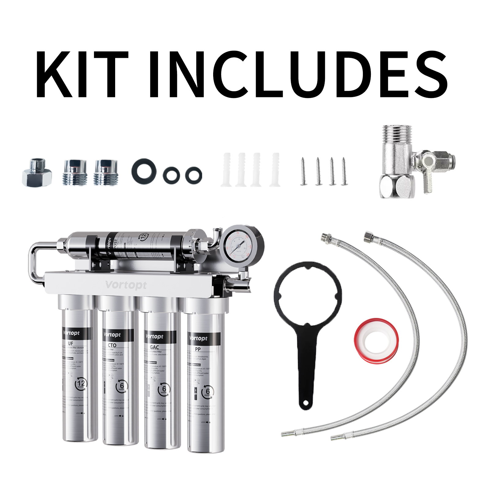 Vortopt Under Sink Water Filtration System,NSF Certified to Standards, Stainless Steel Water Filter,0.01μm Fine Filtration,Retains Beneficial Minerals,with Pressure Gauge,U2 (5 Filters)