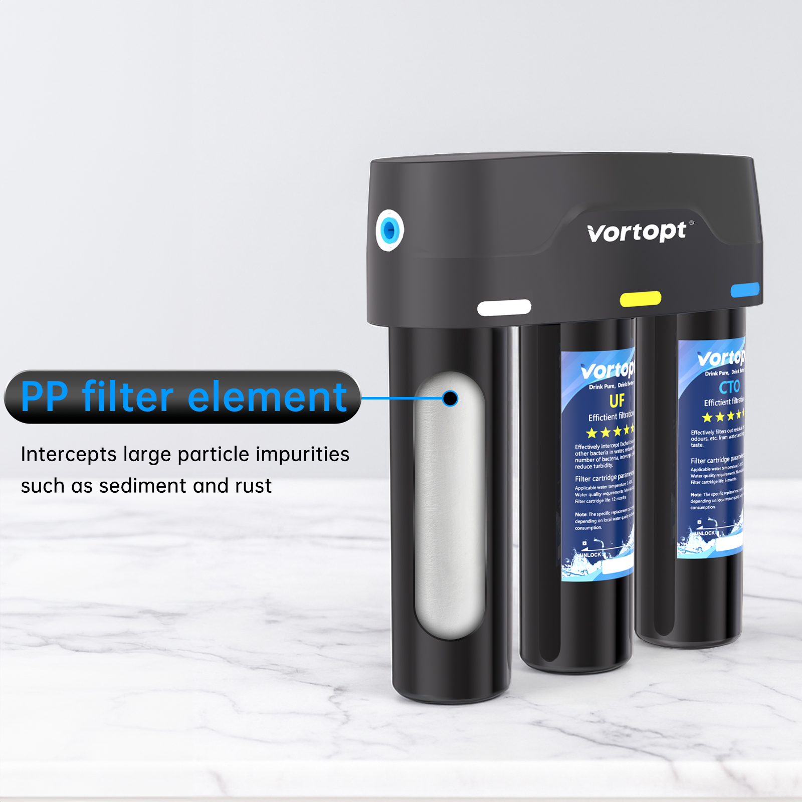 Vortopt Under Sink Water Filter,with PP,UF,and CTO Cartridges for Water Filtration and Drinking Water,F03,Black.