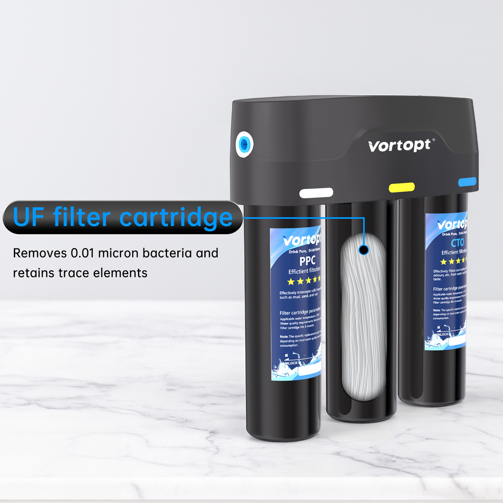 Vortopt Under Sink Water Filter,with PP,UF,and CTO Cartridges for Water Filtration and Drinking Water,F03,Black.