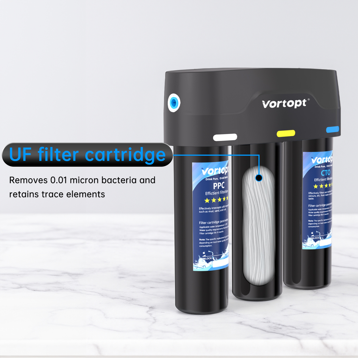 Vortopt Under Sink Water Filter,with PP,UF,and CTO Cartridges for Water Filtration and Drinking Water,F03,Black.