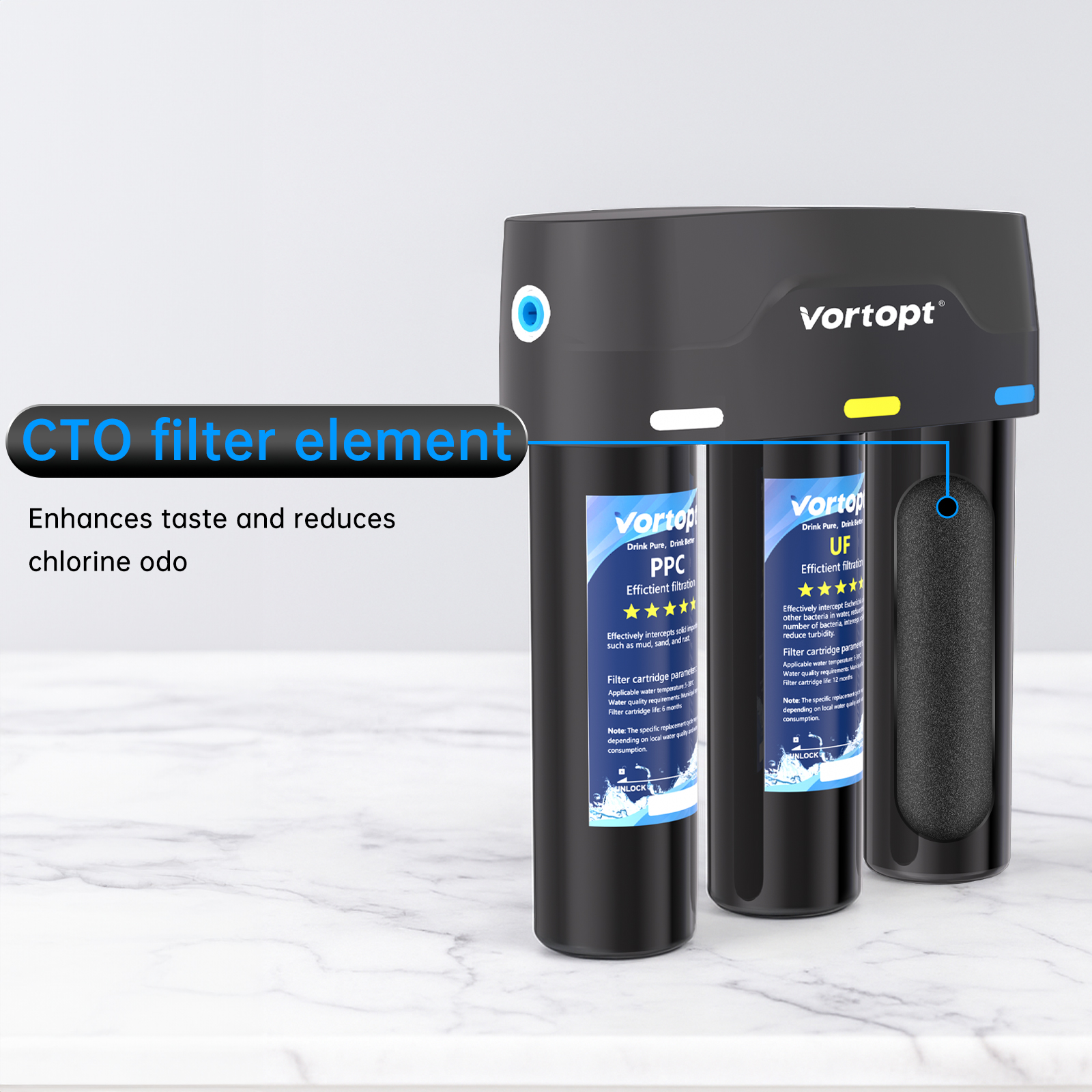Vortopt Under Sink Water Filter,with PP,UF,and CTO Cartridges for Water Filtration and Drinking Water,F03,Black.