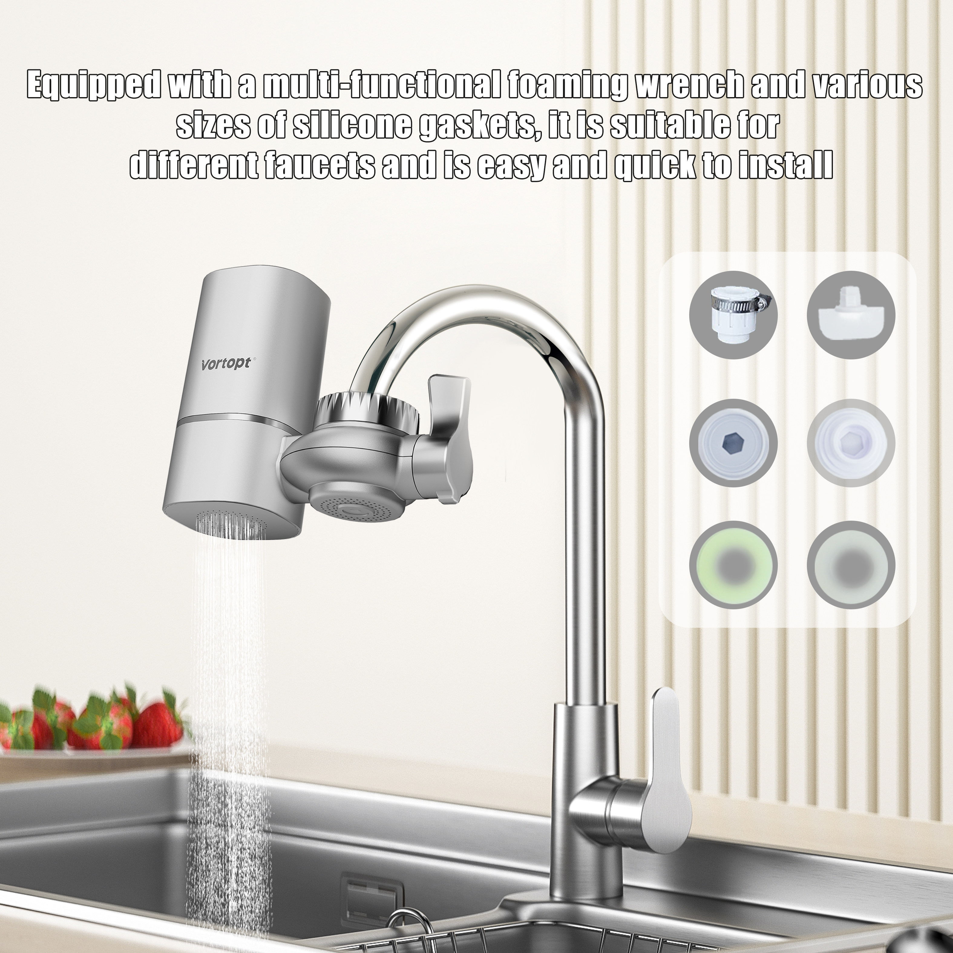 Faucet Filter, NSF Certified, 400 Gallon High Efficiency Water Purification System, Fast 99% Chlorine & Odor Removal, Modern Simple Silver with 1 Water Filter（T1-Silver）