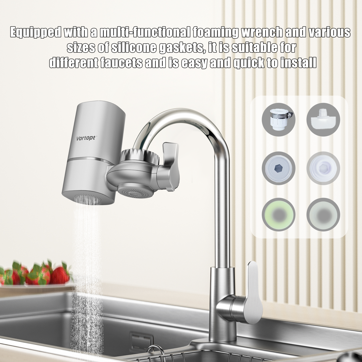 Faucet Filter, NSF Certified, 400 Gallon High Efficiency Water Purification System, Fast 99% Chlorine & Odor Removal, Modern Simple Silver with 1 Water Filter（T1-Silver）