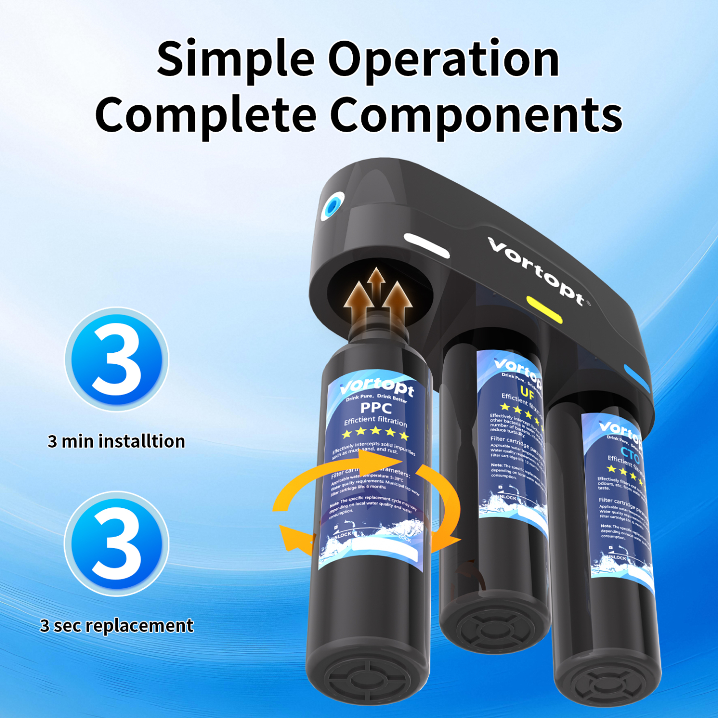 Vortopt Under Sink Water Filter,with PP,UF,and CTO Cartridges for Water Filtration and Drinking Water,F03,Black.