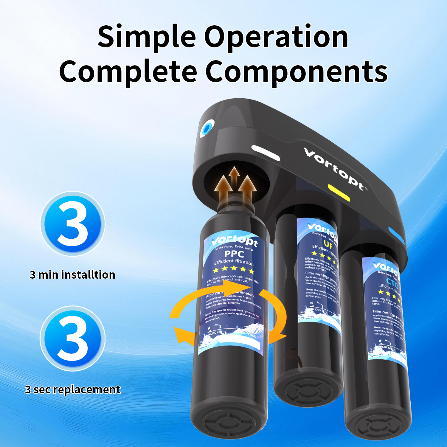 Vortopt Under Sink Water Filter,with PP,UF,and CTO Cartridges for Water Filtration and Drinking Water,F03,Black.