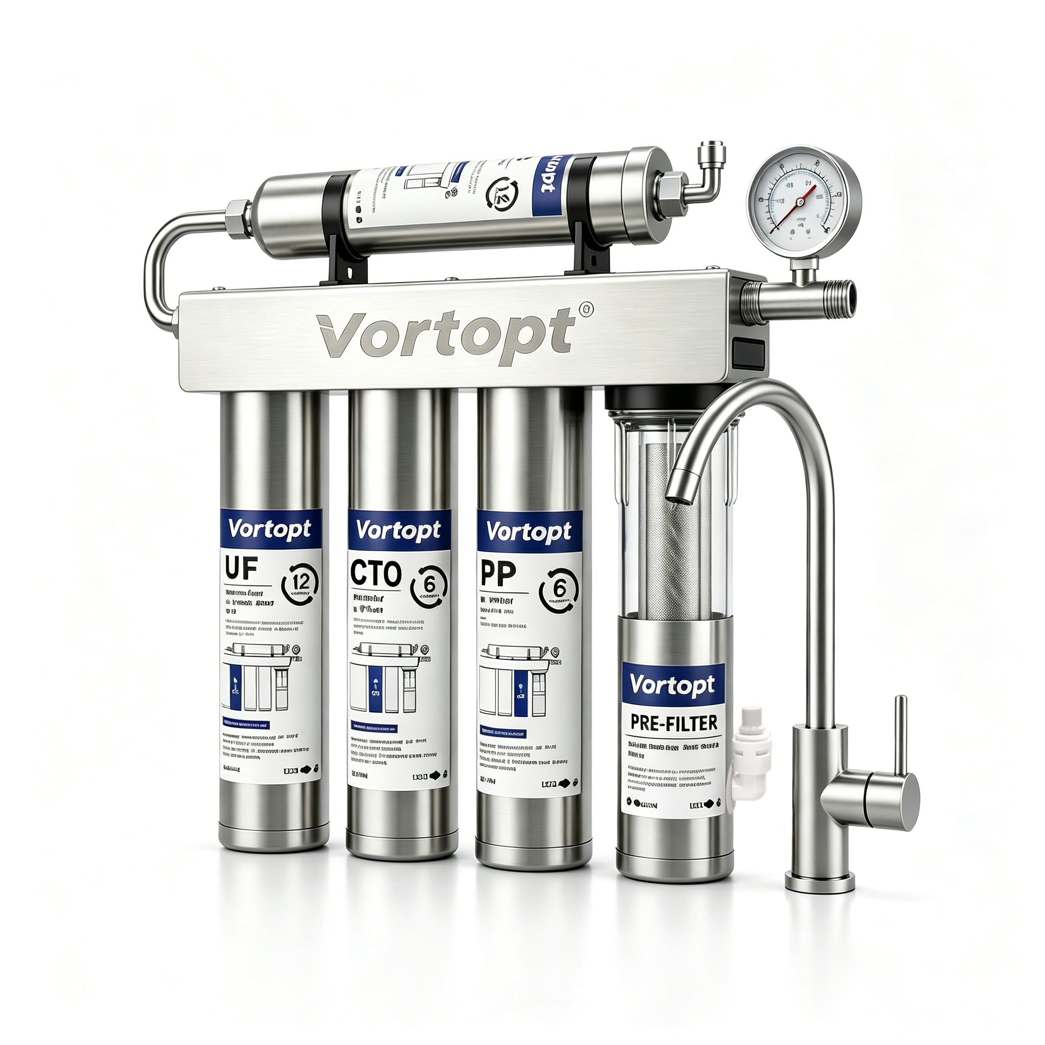 Vortopt Under Sink Water Filter,0.01μm Ultra Filtration,5 Stage Water Filtration System,Reduces Chlorine,Taste and Odor,Sink Filter with Visible Pressure Gauge,U3