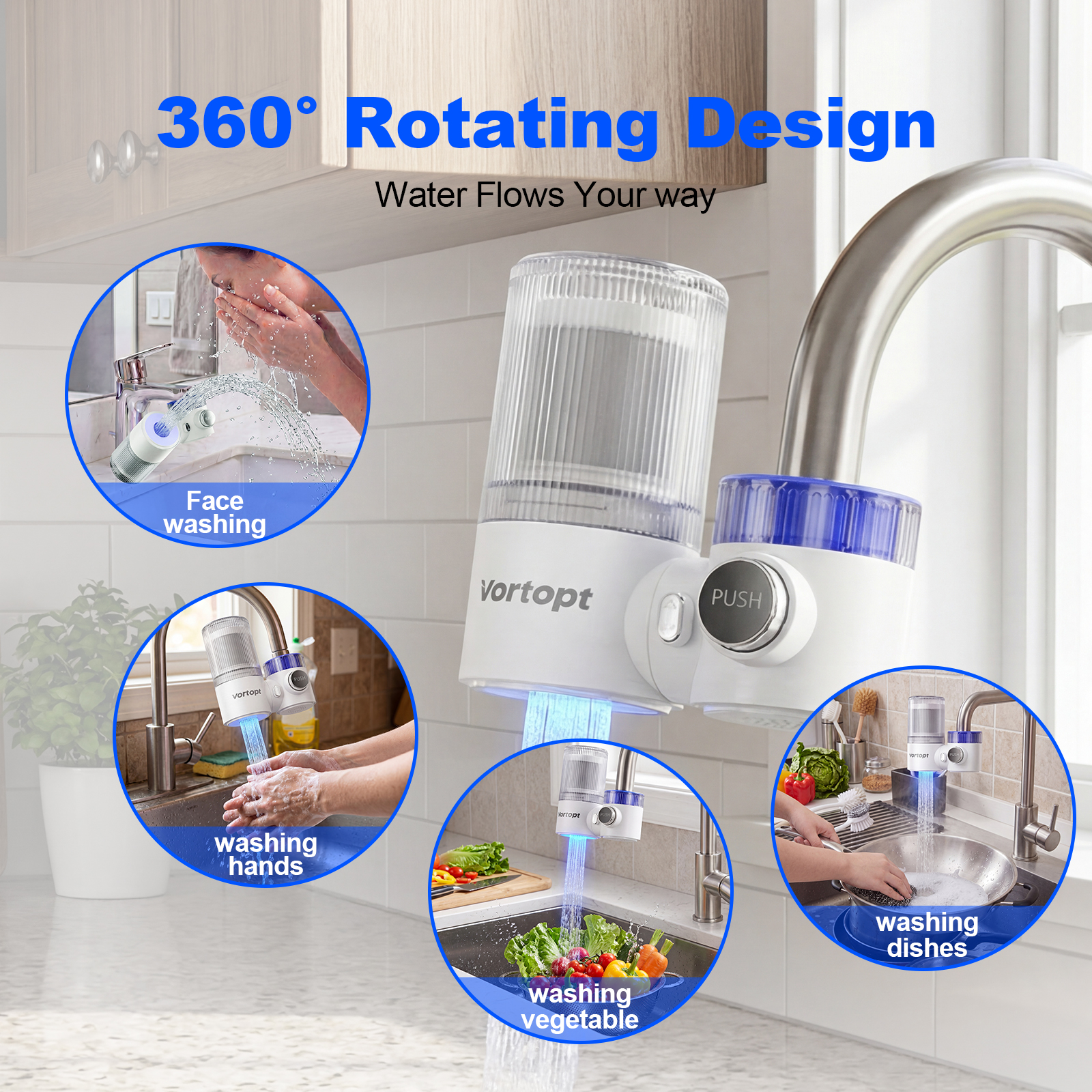 T6-LG 360° Rotating Faucet Water Filter with Blue Light Technology – 400-Gallon Capacity, Reduces 99% Chlorine & Odor, Universal Fit, 3-Month Lif