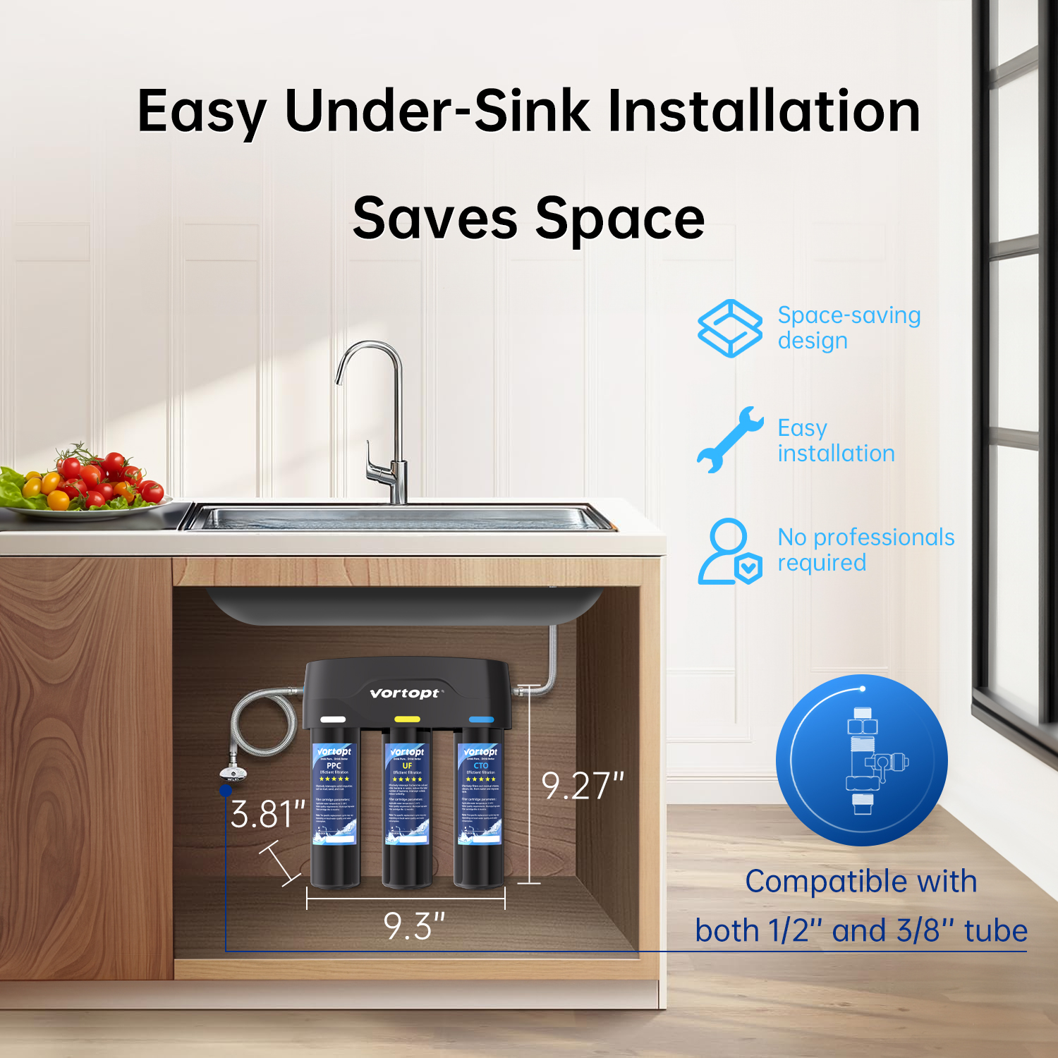 Vortopt Under Sink Water Filter,with PP,UF,and CTO Cartridges for Water Filtration and Drinking Water,F03,Black.