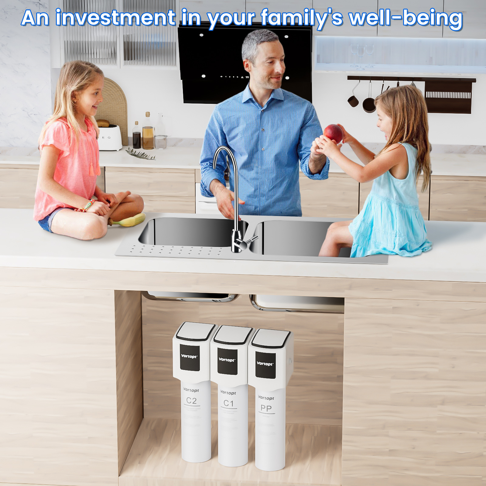 F01 Under Sink Water Filter System - 3-stage Filtration System with 304 Stainless Steel Faucet, Odor & Bad Taste,Vortopt 