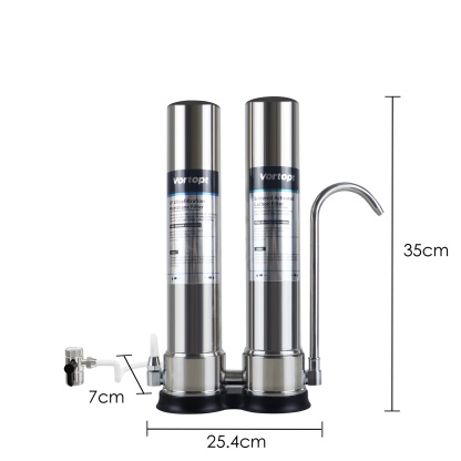 F9 countertop water filtration system utilizes dual-core filtration up to 99.99% chlorine, Vortopt 