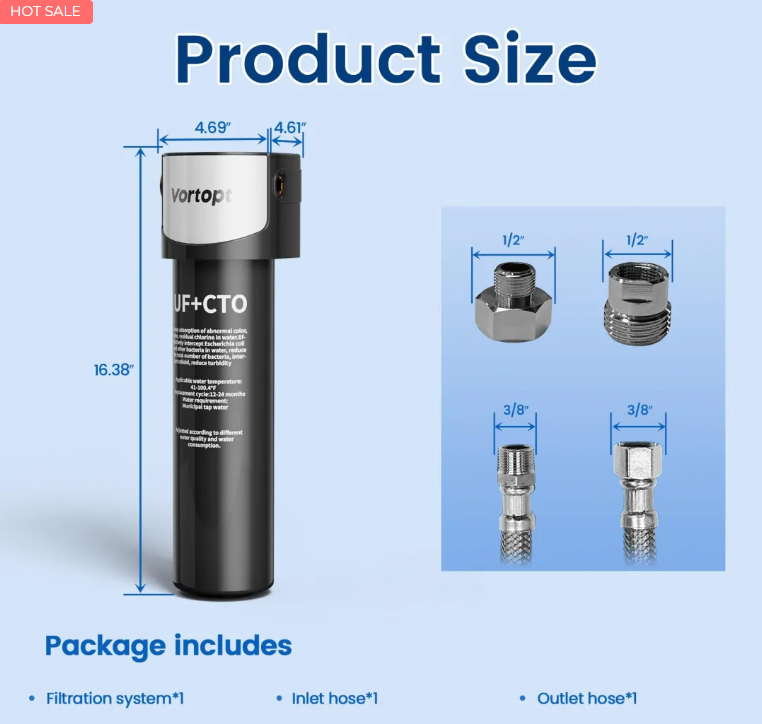 Q5-UF 0.01&mu;m Under Sink Water Filter System , 19000 Galloons Large Flow Flux, Reduces PFAS, PFOA/PFOS, Retains Mineral Material, Vortopt