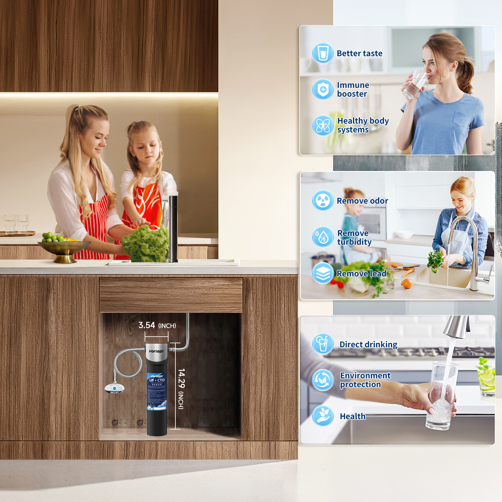 Under Sink Water Filter System,14000 Gallon &16" H saves Space,Flow Under Counter Water Filter Direct Connect to Kitchen Faucet,Reduces Chlorine,Lead, Bad Taste & Odor(Black-Q5-UF-M-14000 GAL)