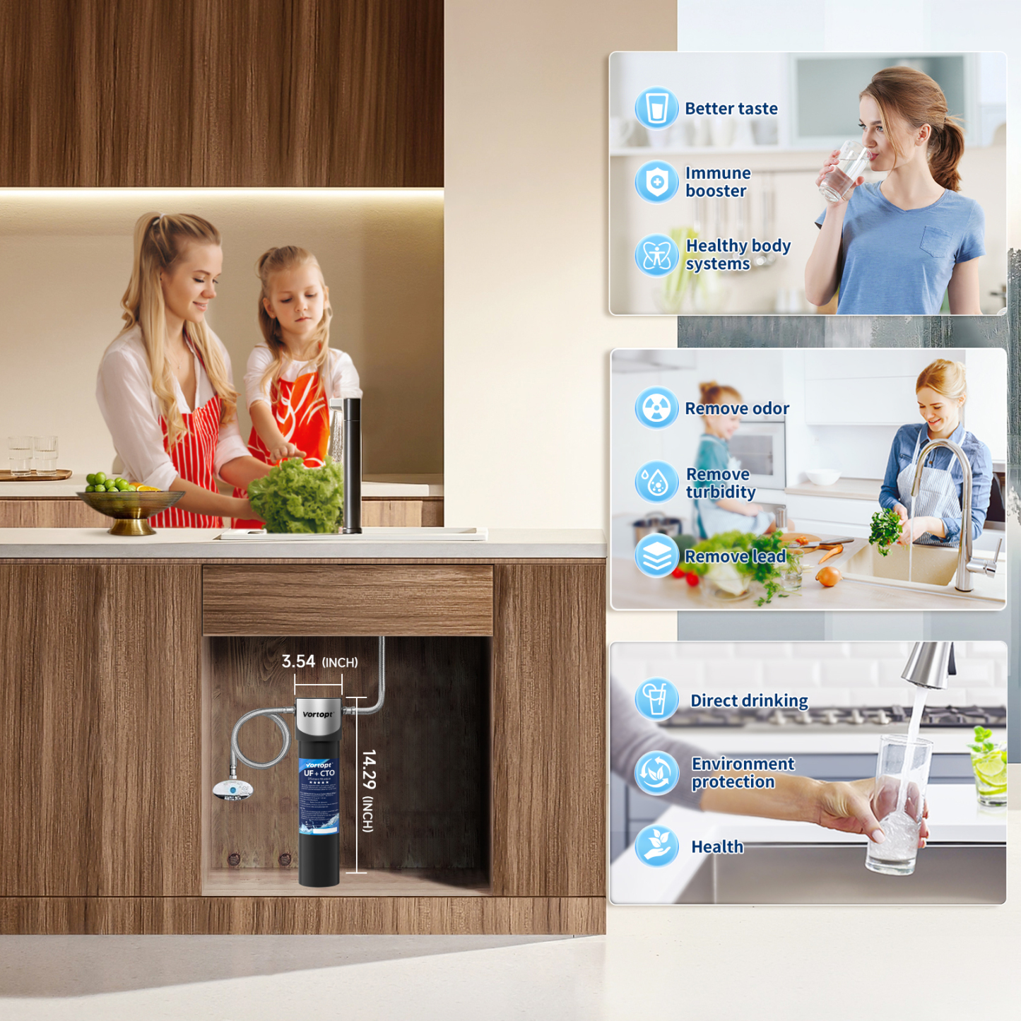 Under Sink Water Filter System,14000 Gallon &16" H saves Space,Flow Under Counter Water Filter Direct Connect to Kitchen Faucet,Reduces Chlorine,Lead, Bad Taste & Odor(Black-Q5-UF-M-14000 GAL)