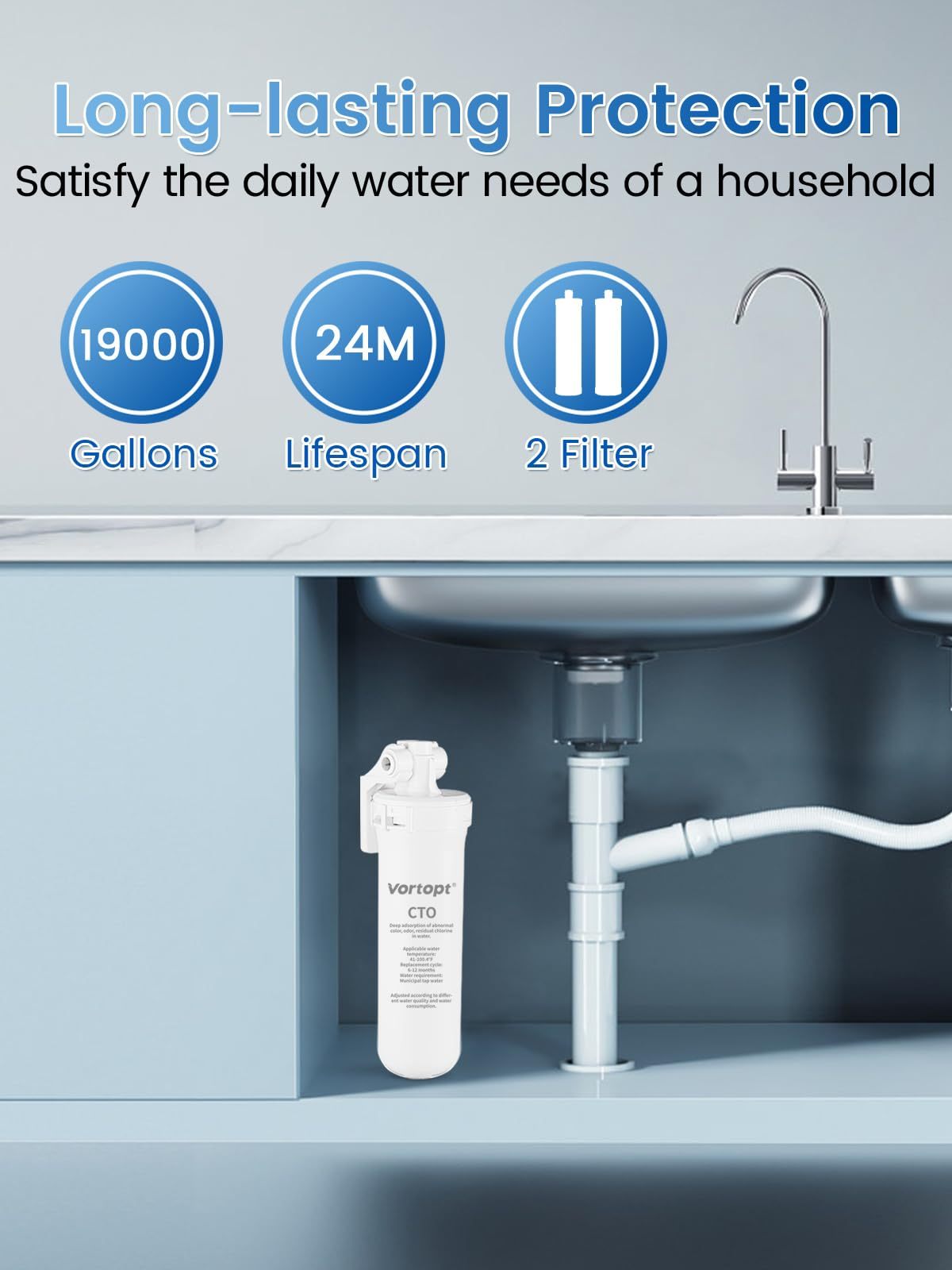 Vortopt Under Sink Water Filter,19000 Gallons Under Sink Water Filtration System,NSF/ANSI 53&42 Certified,Reduces Lead, Chlorine, Bad Taste & Odor,Q9-C1 (2 Filters)