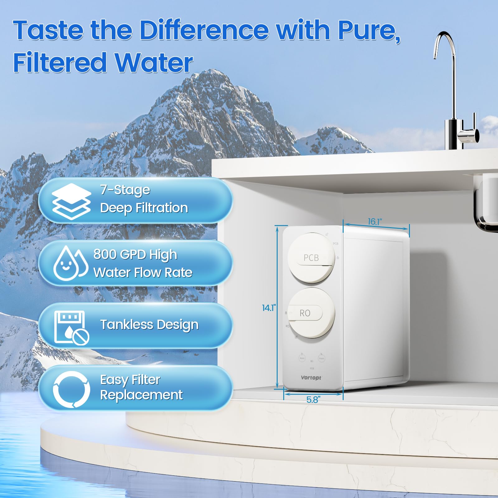 DR4 Under Sink Water Filter 7 Stage Reverse Osmosis Water Filter System 800 GPD Tankless RO Water Purifier System for Drinking Water Vortopt