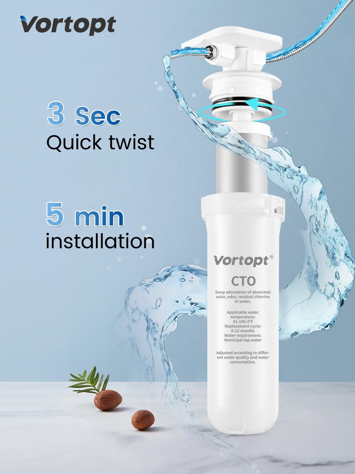 Vortopt Under Sink Water Filter,19000 Gallons Under Sink Water Filtration System,NSF/ANSI 53&42 Certified,Reduces Lead, Chlorine, Bad Taste & Odor,Q9-C1 (2 Filters)