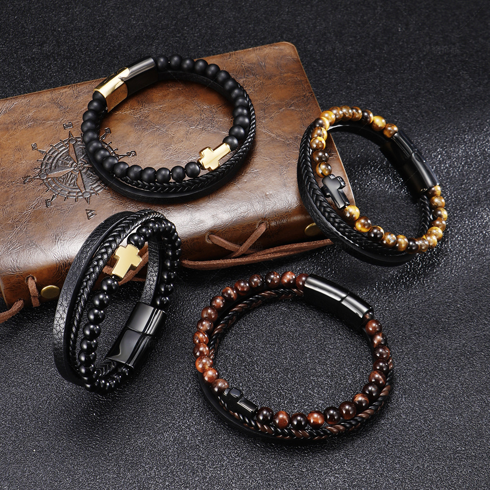 🔥 Last Day 49% OFF+Free Golden Necklace 🔥 3rd Free,Add 3rd To Cart Auto Discount 🔥Leather Vintage Tiger Eye Volcanic Stone Bracelet 