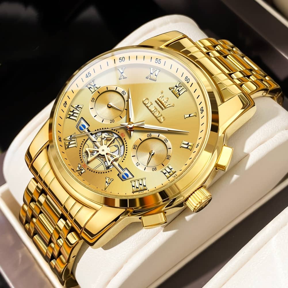 OLEVS Gold Men's Watch Waterproof Luminous Wrist Watch Quartz Stainless Steel Tourbillon Watch for Men Top Brand Male Watches