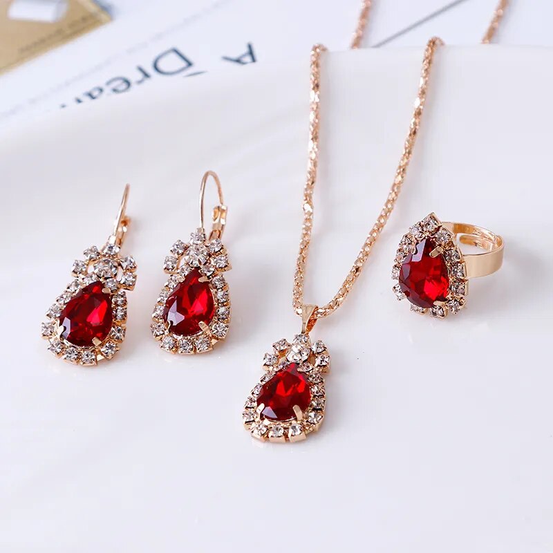 Luxury Multicolor Bridal Zircon Waterdrop Ring/Necklace/Earrings Jewelry Set