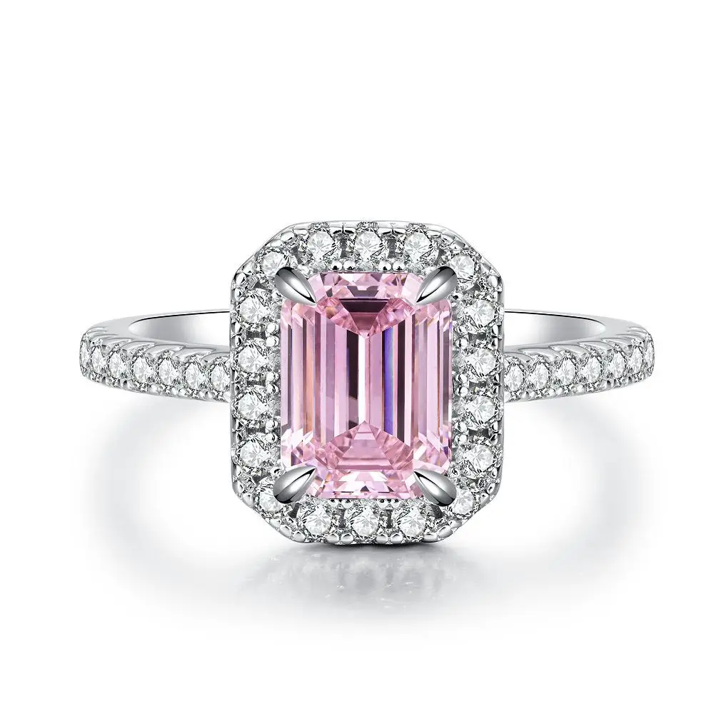 925 Silver Pink Diamond Ring Women's 2 Carat Sugar Square Bag Premium Color Treasure High Carbon Diamond Zircon Ring