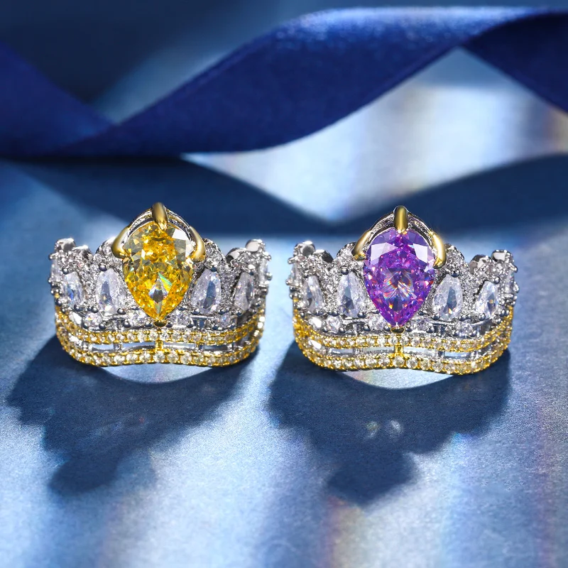 🔥 Last Day Free Jewelry Set 49% OFF,2nd 30% 🔥 Elegant Gold Plated Queen Crown Ring Zircon   Purple Yellow Stone  Wedding Band  