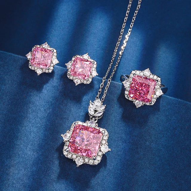 Luxury Crushed Ice Cut CZ Pink Stone Flower Necklace Ring Earring