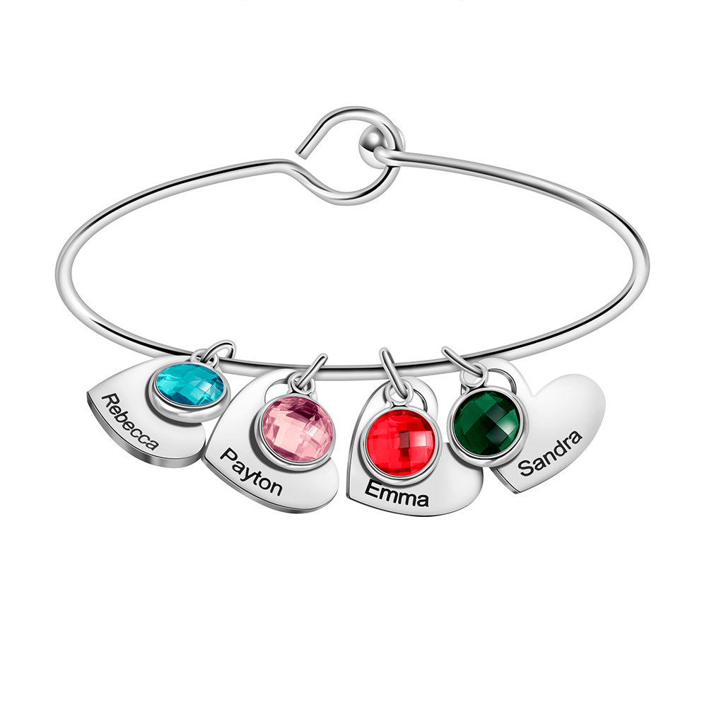 Mother's Bangle Bracelet With Custom Heart Charms & Birthstones 