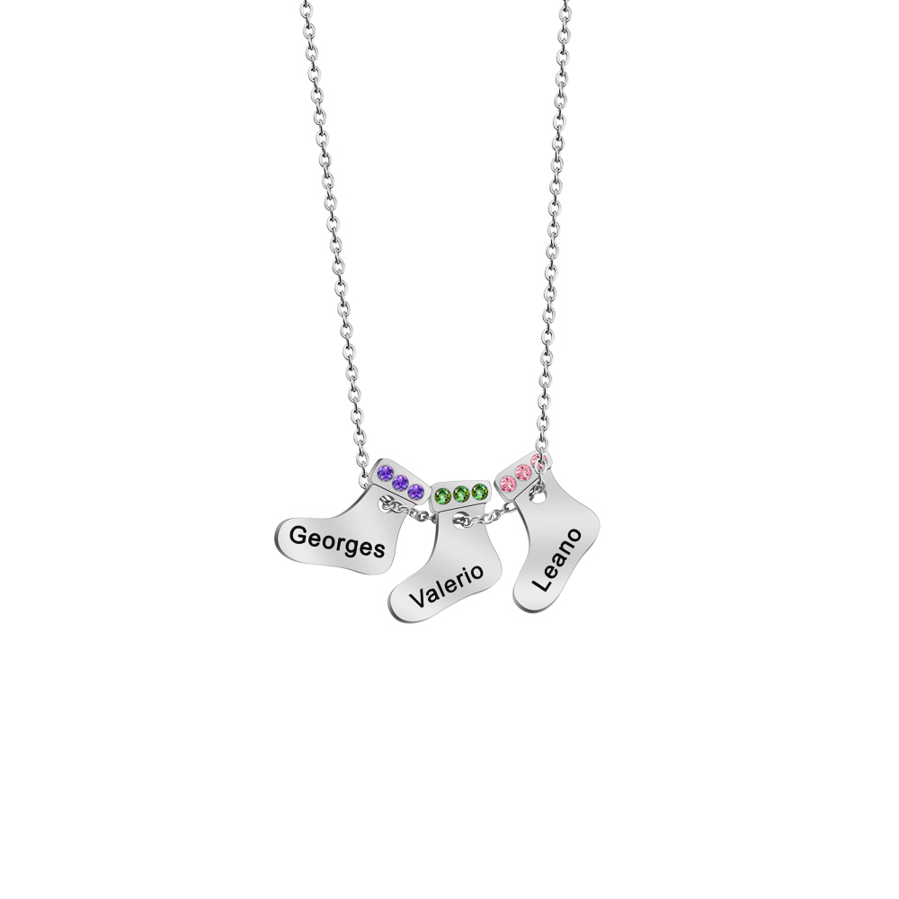 Christmas Mother Necklace With Small Custom Name & Birthstone Sock Charms