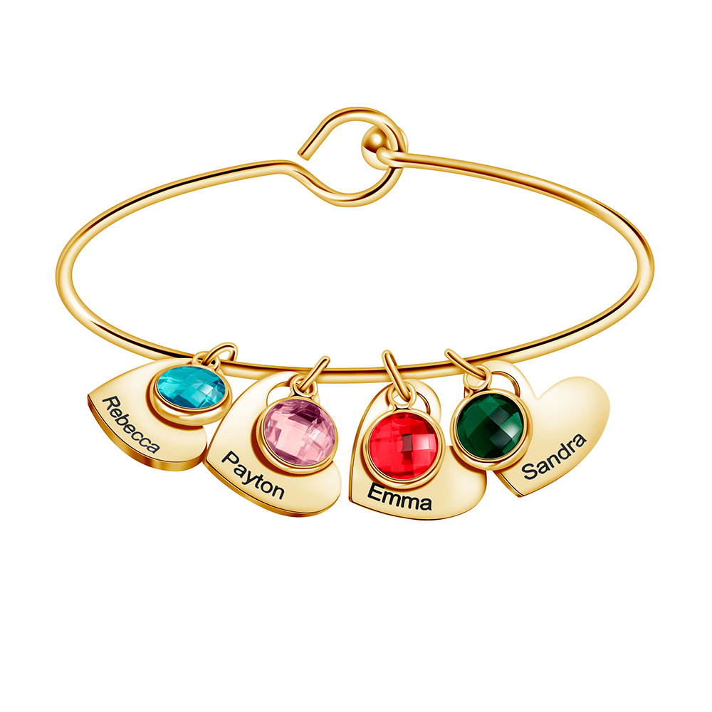 Mother's Bangle Bracelet With Custom Heart Charms & Birthstones 