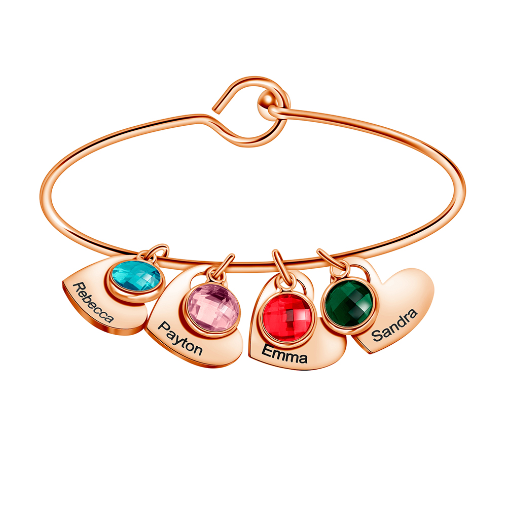 Mother's Bangle Bracelet With Custom Heart Charms & Birthstones 