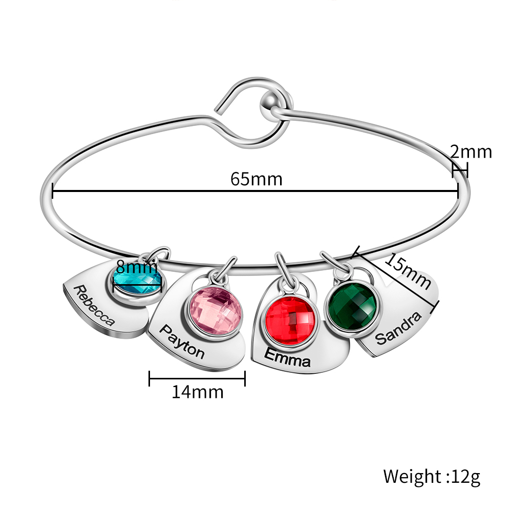 Mother's Bangle Bracelet With Custom Heart Charms & Birthstones 
