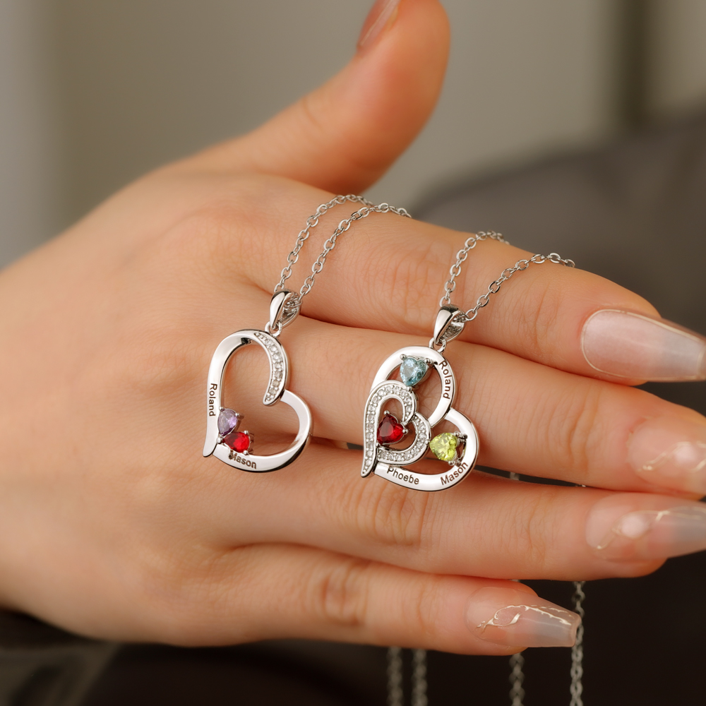 Forever Love 1 - 6 Name & Bithstone Heart Necklace For Mother