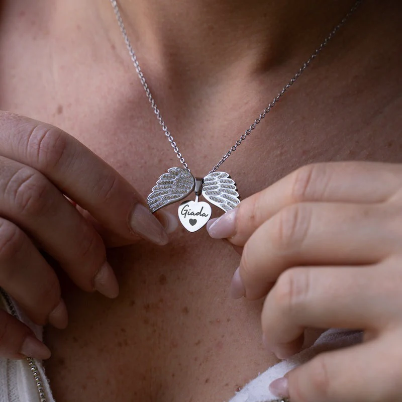 Personalized Angel Wings Necklace With Angel Name Locket Heart