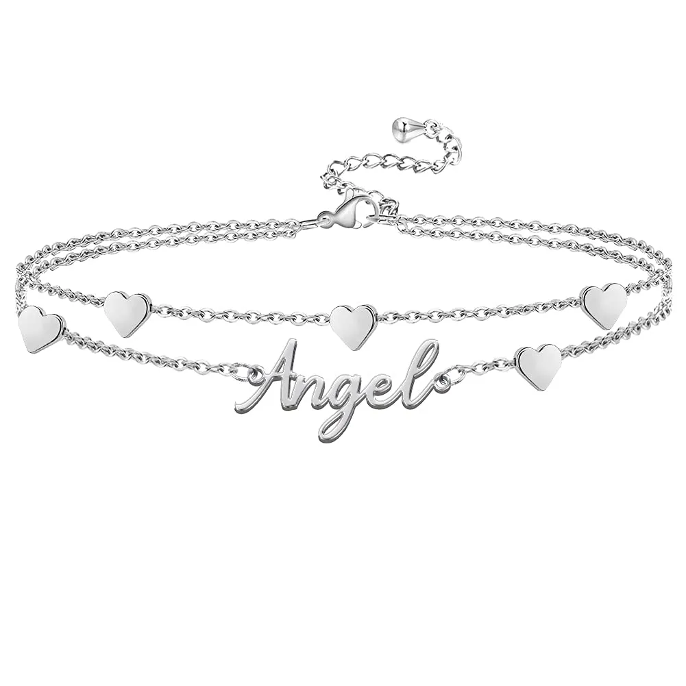 Personalized Double Layer Name Anklets with Heart Chain