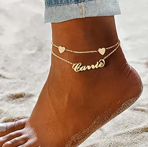 Personalized Double Layer Name Anklets with Heart Chain