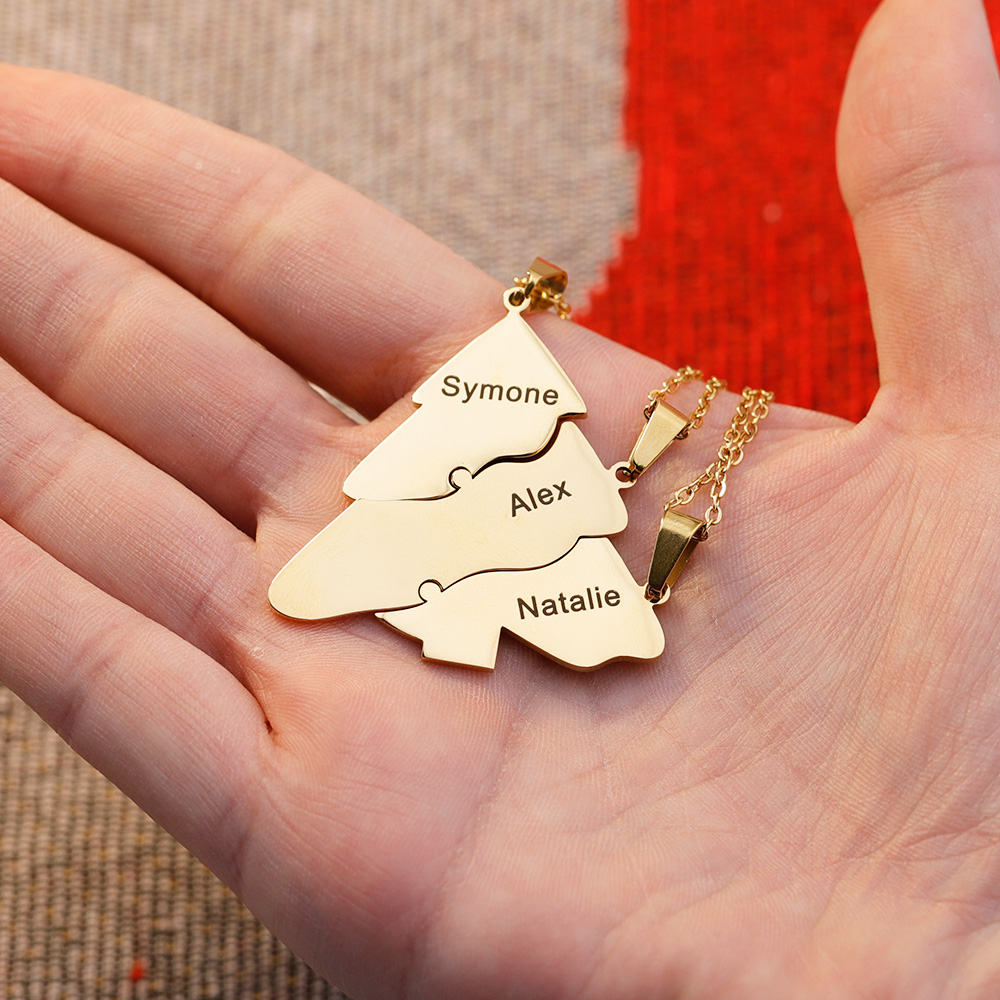 Christmas Tree Family Name Puzzle Necklaces Set