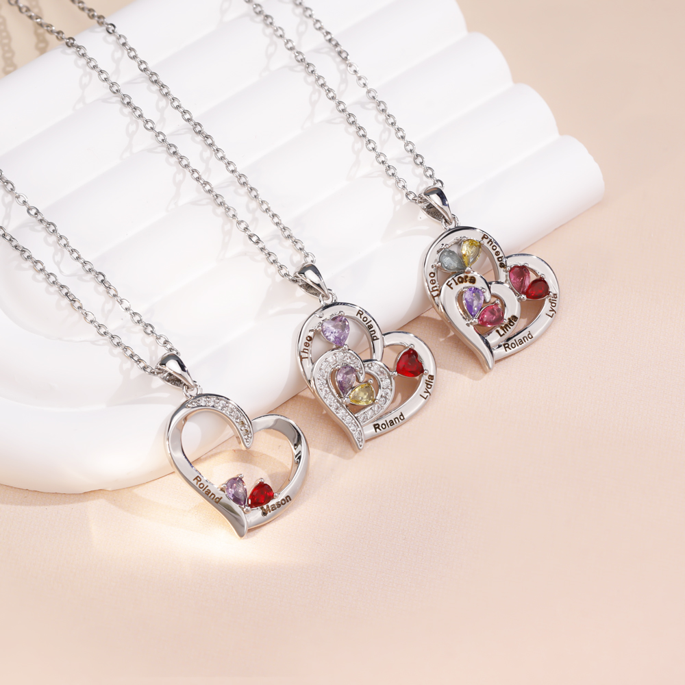 Forever Love 1 - 6 Name & Bithstone Heart Necklace For Mother