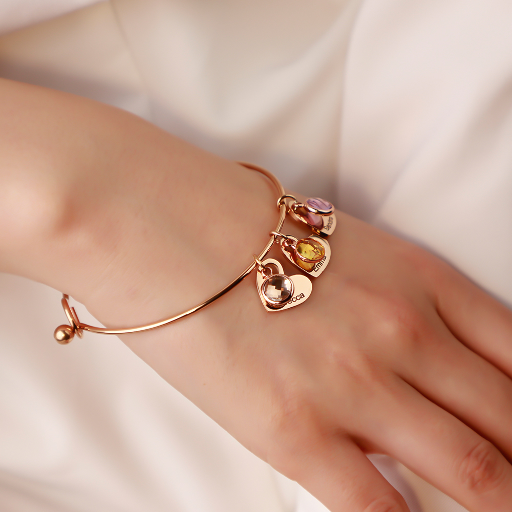 Mother's Bangle Bracelet With Custom Heart Charms & Birthstones 