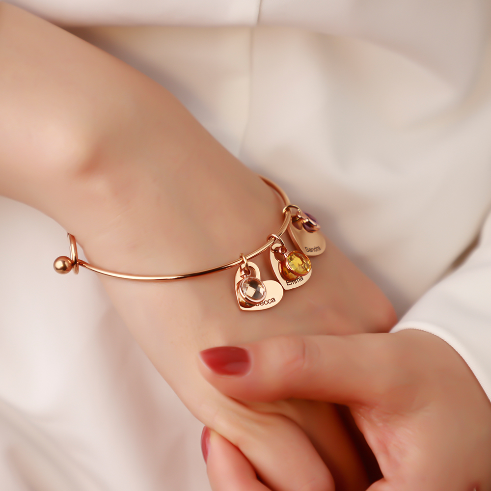 Mother's Bangle Bracelet With Custom Heart Charms & Birthstones 