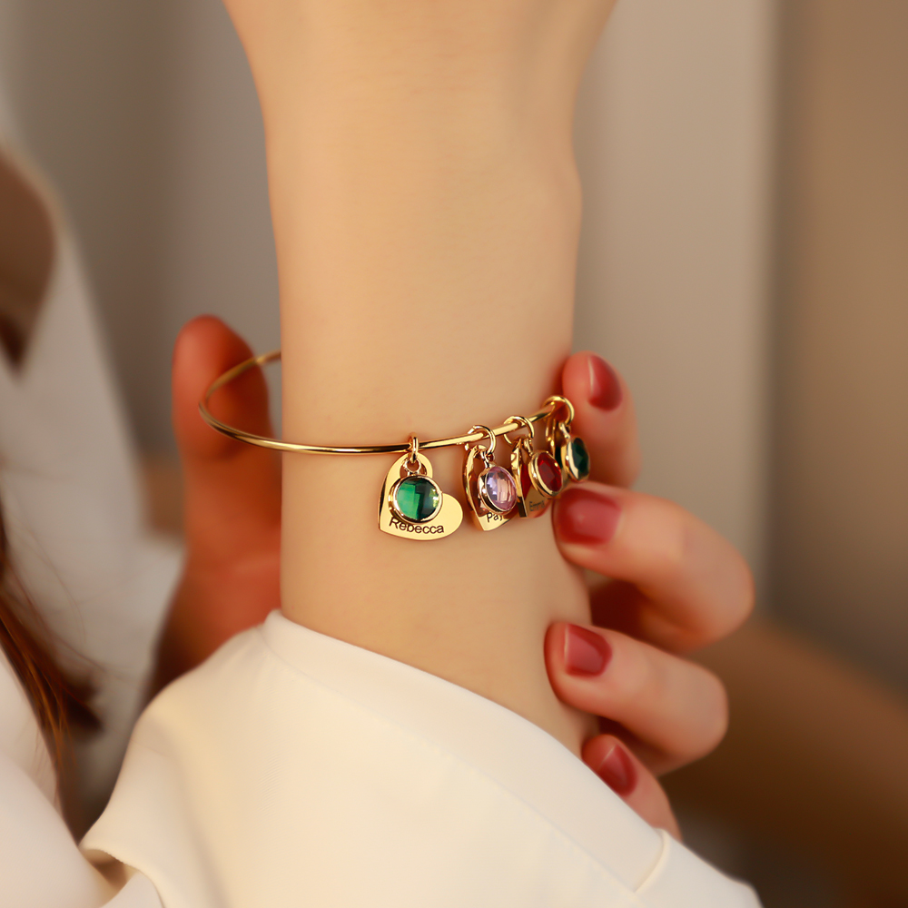 Mother's Bangle Bracelet With Custom Heart Charms & Birthstones 