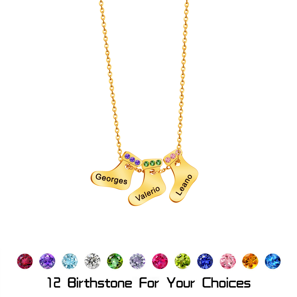 Christmas Mother Necklace With Small Custom Name & Birthstone Sock Charms