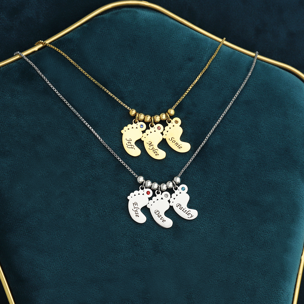 Custom Name Birthstone Baby Feet Charm Necklace For Mother's Day