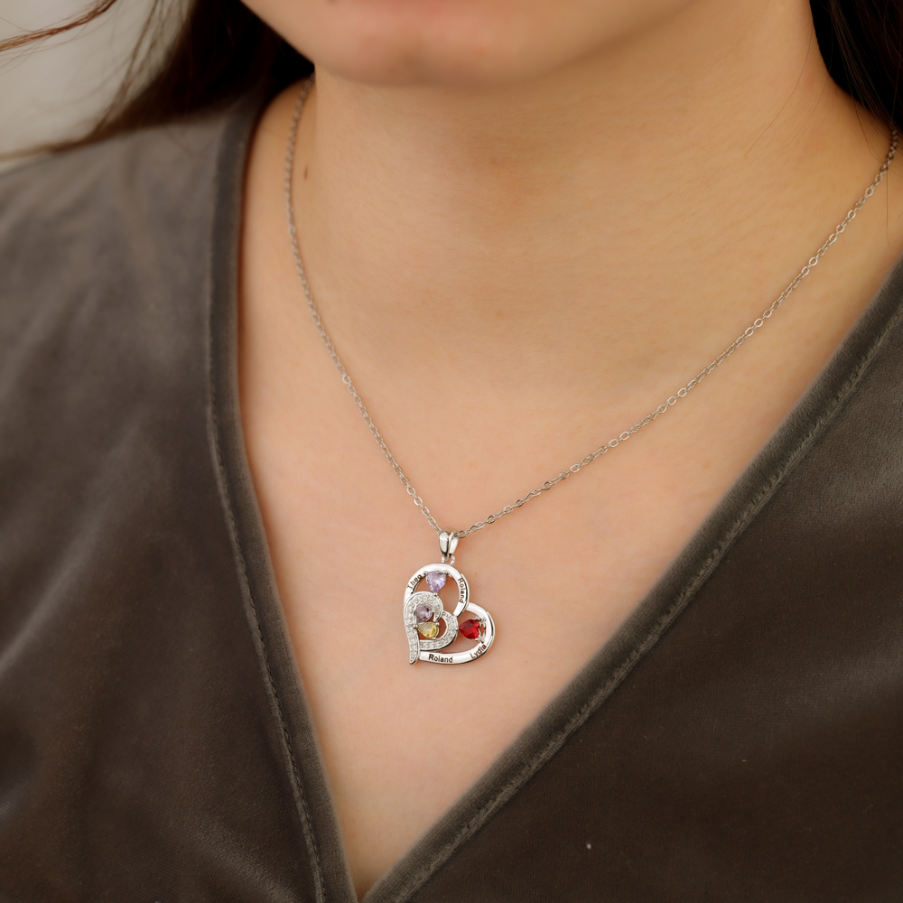 Forever Love 1 - 6 Name & Bithstone Heart Necklace For Mother