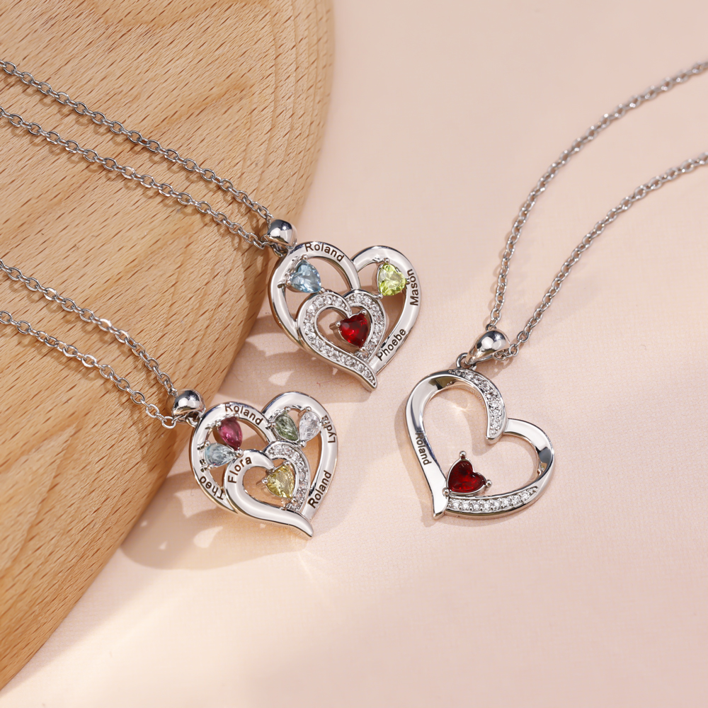 Forever Love 1 - 6 Name & Bithstone Heart Necklace For Mother