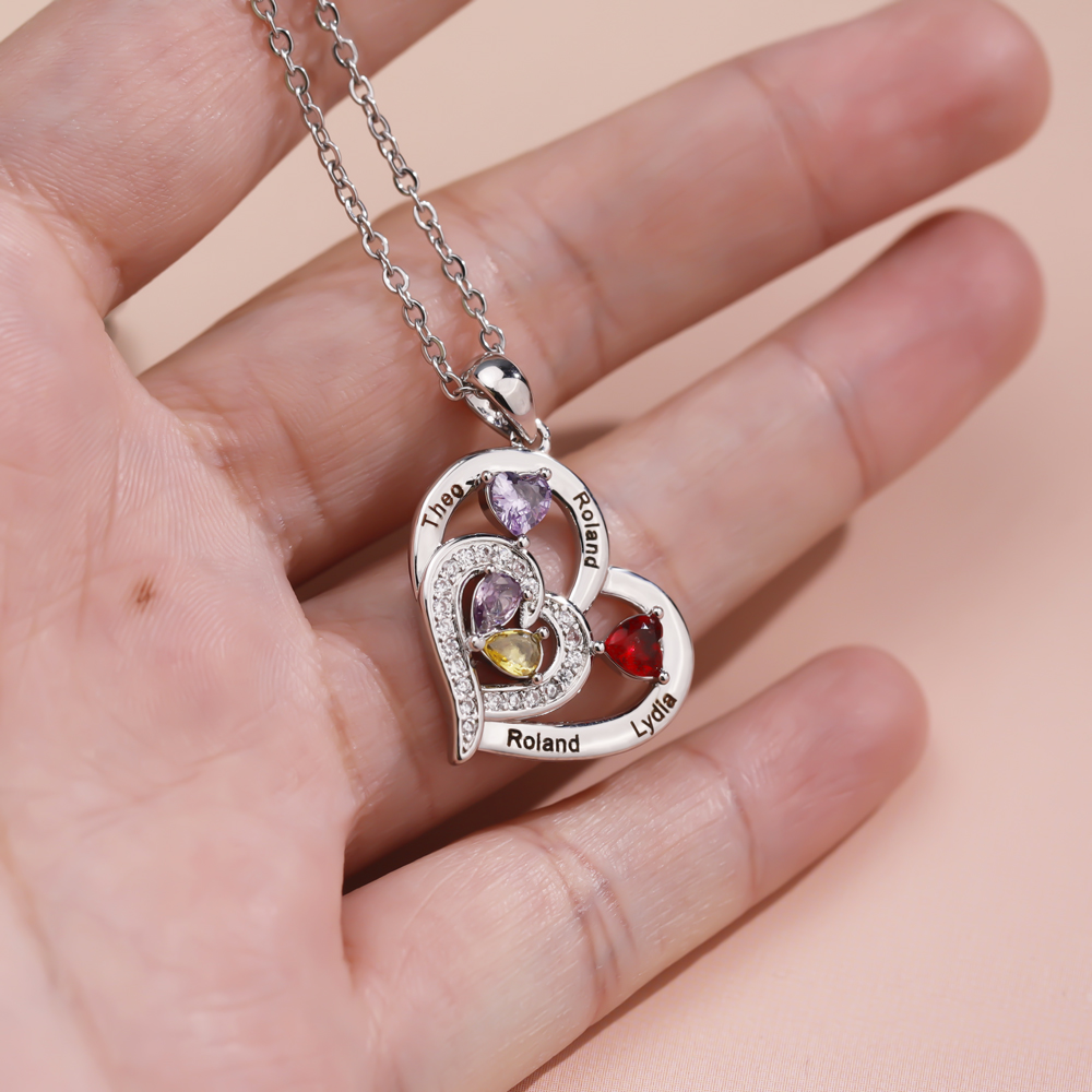 Forever Love 1 - 6 Name & Bithstone Heart Necklace For Mother