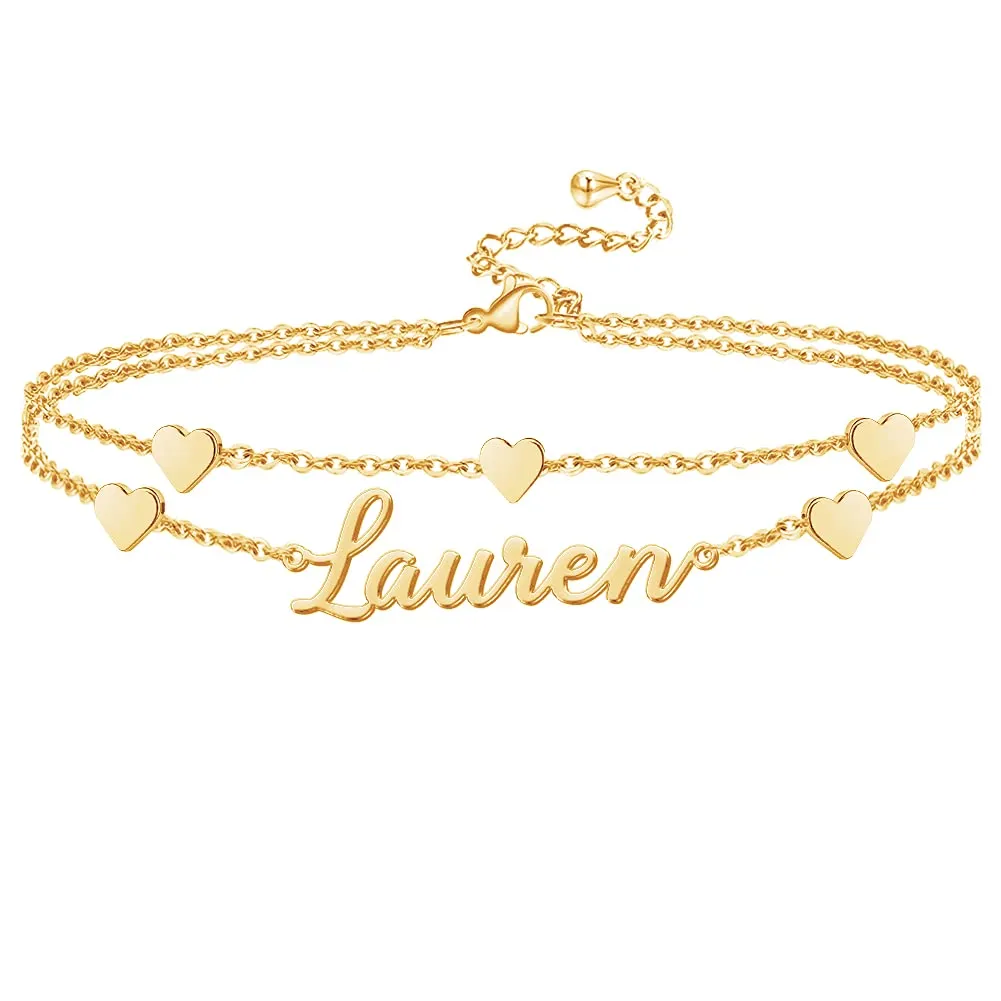 Personalized Double Layer Name Anklets with Heart Chain